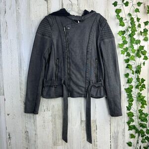 Free People Striped Knit Gray Cotton Pinstripe Hooded Moto Jacket Size medium